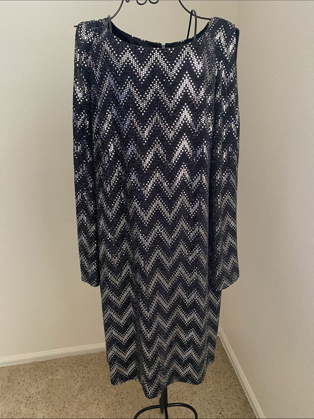 JH Evenings Sequin Chevron Long Cold Shoulder Sleeve Party Dress - Black Silver